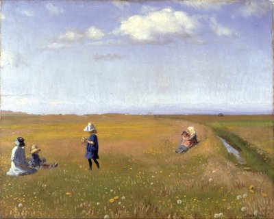 Kinderen en jonge meisjes die bloemen plukken in een veld ten noorden van Skagen door Michael Peter Ancher